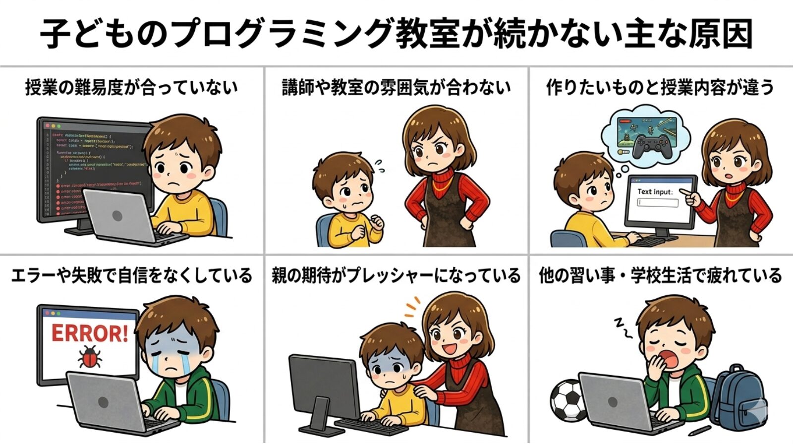 子どものプログラミング教室が続かない主な原因